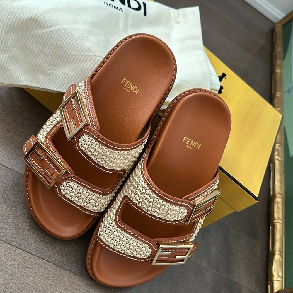 Fendi Raffia Buckle Slides - NEW with dust bags and box